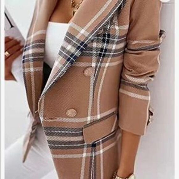 NEW Double Breasted Plaid Blazer Jacket Coat - Picture 4 of 6